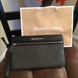 Large MK Black Leather Stud Wristlet